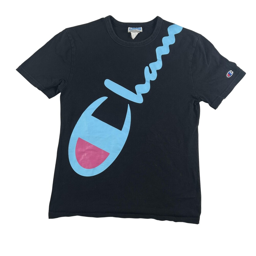 Champion Shirt Mens Small Spell Out Graphic Tee Wooper Black Blue Pink